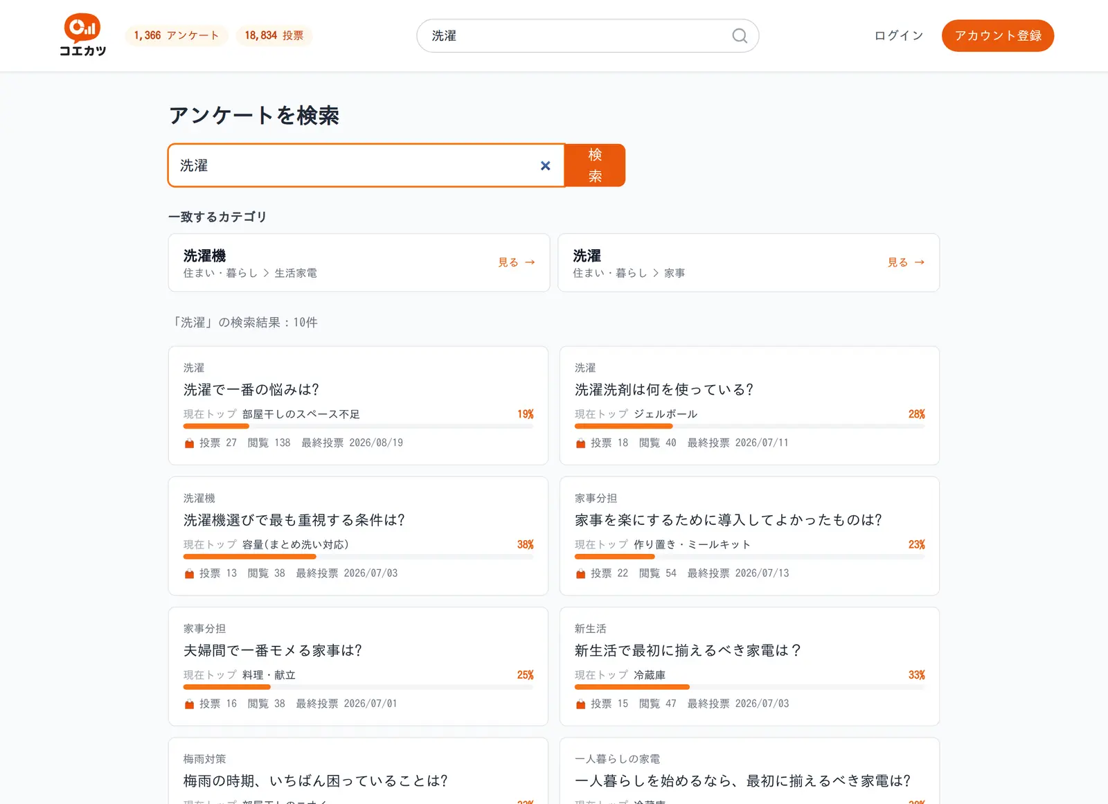 「洗濯」で検索した結果。上に一致したカテゴリ、下にアンケートの一覧が表示されている